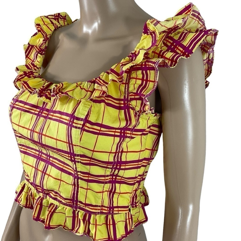 L’ Academie Los Angeles The Laci Crop Top In Yellow Plaid Size Small Side zip - Picture 3 of 9